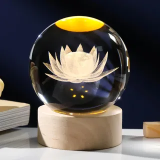 Arikyrist 3D-Gravur Lotusblüte Figur Kristallkugel mit Holz-Lichtsockel, Lotusblüte Kristallkugel Lampe Wohnkultur, Kristall-Lotusblume, Geschenke für Frauen, dekorative Glaskugel Briefbeschwerer