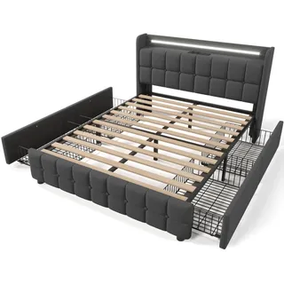 Stilvora Polsterbett 160/200 cm in Grau mit 4 Schubladen, LED und USB Stoff , Textil , 160x200 cm , Schlafzimmer, Betten, Polsterbetten