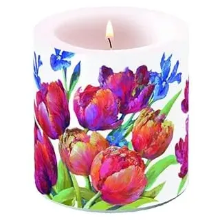 Ambiente Kerze Stumpenkerze Wachswindlicht Dekorationskerze 9 cm hoch Paraffinwachs 35h Brenndauer Tulpen Blumen Frühling Sommer Serie tulips of joy