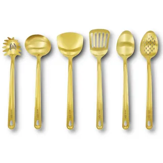 HOOZ 6-Teiliges Küchenutensilien Set, Edelstahl Küchengeschirr Set, Küchenhelfer Enthält 1x Suppenkelle, 2x Pfannenwender, 1x Schaumlöffel, 1x Spaghettilöffel, 1x Servierlöffel (Gold)