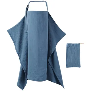 Dimoxii Musselin-Stillbezug und Stillschürze aus Baumwolle, Atmungsaktiver Nursing Cover mit Verstellbarem Bügel und Tasche, Stilltuch Stillschal Breastfeeding Cover für unterwegs (Nachtblau)