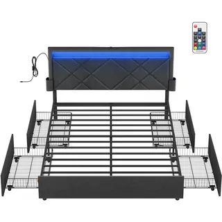 VASAGLE Doppelbettgestell, Bettgestell, 140 x 200 cm, LED, Metallbett, 4 Schubladen, Ladestation, verstellbares gepolstertes Kopfteil, Schiefergrau - Dunkelgrau