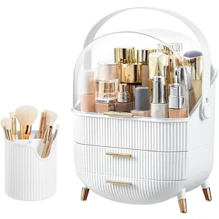 Kousee Make-up-Organizer und Aufbewahrung, tragbar, wasserdicht, staubdicht, Organizer mit Deckel, Kosmetik-Vitrine, Hautpflege-Organizer für Schminktisch, Badezimmer, B-Weiß