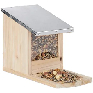 Relaxdays Eichhörnchen Futterhaus, Futterstelle aus Holz, wetterfestes Metalldach,