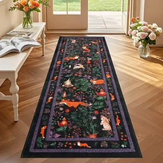 Geanup Teppich Läufer Flur 60x180 cm, Schwarz Küchenläufer Waschbar rutschfest, Weicher Schlafzimmer Teppich Läufer, Märchen-Fuchs Flurteppich für Korridor Waschküche Wohnzimmer Kinderzimmer