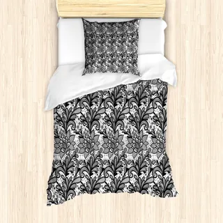 ABAKUHAUS Blatt Mantele, Vintage Spitze Stil Gothic, Milbensicher Allergiker geeignet mit Kissenbezügen, 135 cm x 200 cm - 80 x 80 cm, Schwarz-Weiss - Schwarz