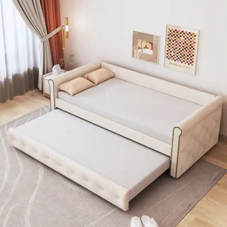 Schlafsofa, 90x200cm, Einzelsofa mit Bettfunktion, Ausziehbett inkl. Lattenrost, Bezug aus Samt, Einzelbett, Jugendbett - Beige