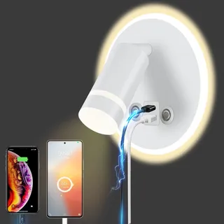 HUIZHOU LED Wandleuchte mit USB 12W, Leselampe Wandmontage mit Touch-Control, 3 Farbtemperaturen, 350° drehbar, Bettlampe Wand für Schlafzimmer & Wohnzimmer (Rund weiß)