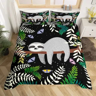 Faultier Bettwäsche 135x200 cm Kinder Jugendliche Tiere Bettwäsche Blätter Blumen Bettbezug Set Tropische Pflanzen Palmblätter Bettwäsche Mädchen Jungen Teens Schlafzimmer Dekor Schwarz Grün