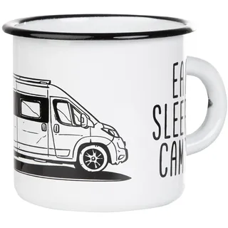 Mugsy I Emaille Tasse Eat Sleep Camp Explore Drive Repeat in Weiß, 330 ml, Camping Tasse mit Spruch I Campervan Motiv (Wohnmobil/Kastenwagen)