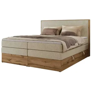 MKS Meble Boxspringbett WOOD CLASSIC KING, Doppelbett mit zwei Multipocket-Matratze und Toppper, hohe Kopfteil, Stauraum - 180 x 200 cm - H4 - Creme Struktur - Creme