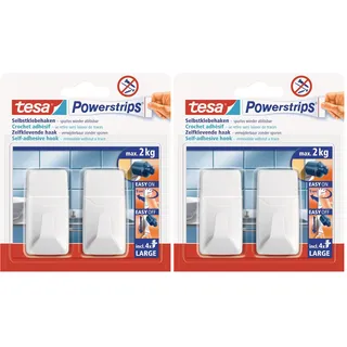 tesa Powerstrips Haken Large ECKIG - Selbstklebender Wandhaken für Glas, Kacheln, Holz, Kunststoff und andere Untergründe - Weiß (Packung mit 2)