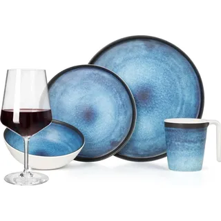 Melamin Camping Geschirr Set 4 Personen Deep Ocean + 4 Milano Rotwein Gläser Rot Weingläser Tafelgeschirr Picknick BBQ Kochgeschirr - Rot