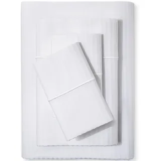 Feather & Stitch Bettwäsche-Set, Fadenzahl 500, 100% Baumwolle, gestreift, 4-teilig, atmungsaktiv, weiches Satingewebe, 45,7 cm Tiefe Tasche, luxuriöse Bettwäsche (Queen, Weiß)