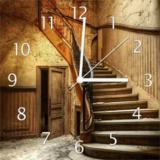 Wallario Design Wanduhr Rustikale Holztreppe aus Echtglas, Größe 30 x 30 cm - Schwarz