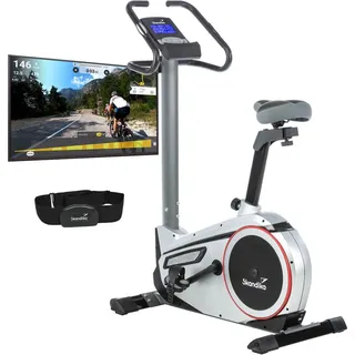 Skandika Ergometer Morpheus | Heimtrainer für Zuhause, 12 kg Schwungmasse, 32 Widerstandsstufen, 24 Programme, App Kompatibel mit Kinomap, Pulsgurt, Tablethalterung | Indoor Fahrrad bis 150 kg