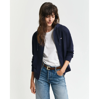 Kapuzensweatjacke GANT "SHIELD ZIP HOODIE", Damen, Gr. M, blau (evening blau), Sweatware, Obermaterial: 87% Baumwolle, 13% Polyester, relaxed fit, Rippbündchen, Sweatjacken Kapuzensweatjacke, Grafische GANT-Stickerei auf der Brust