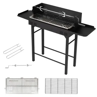 KOMFOTTEU Holzkohlegrill, Campinggrill mit höhenverstellbarem Grillrost, Drehspieß & 2 Ablagen, Grillwagen mit Windschutz & 2 Grillrosthebern, Outdoor BBQ Grill für Garten, Terrasse & Camping - Schwarz