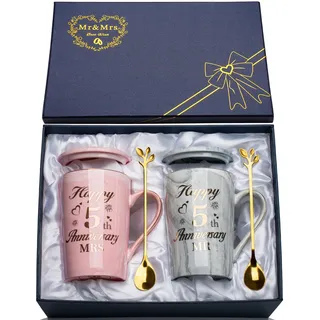 Geschenke zum 5 Hochzeitstag, 2PCS Mr Mrs Keramik Marmor Tasse Set 14 Oz, 5 Hochzeitstag Geschenke Kaffeetassen für Paare, 5-Jahr Beziehung Geschenk mit Karte, Löffel, Becherdeckel, Geschenkbox