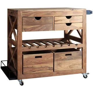 Livetastic Barwagen , Braun , Holz , Sheesham , massiv , 5 Schubladen , rechteckig , 43x85x97 cm , Handmade in India , mit Flaschenhaltern , Esszimmer, Servierwagen