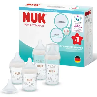 NUK Perfect Match Babyflaschen | 0-3+ Monate | 120 ml & 230 ml | Anti-Kolik-Babyflasche | Babyflaschen Glas | Temperature Control Anzeige | Regenbogen | 4 Stück