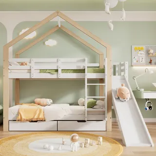 Flieks Etagenbett mit Rausfallschutz, Kinderbett mit Rutsche und Leiter, Hochbett mit 2 Schubladen, Hausbett Massivholzbett Stockbett 90x200cm, Weiß - Weiß