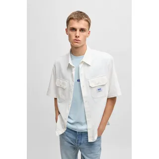 Kurzarmhemd HUGO BLUE "Ekyno", Herren, Gr. S, N-Gr, weiß (open weiß199), Twill, Obermaterial: 100% Baumwolle, unifarben, weit hüftlang, hoch geschlossener Ausschnitt, eingesetzt,weit abgesteppte Kante, Hemden Kurzarmhemd, mit kontrastfarbenem Logo-Badge auf der Brust