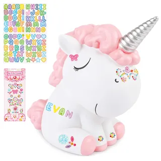 Briuhap Einhorn Spardose Kinder, Rosa Sparschwein Mädchen mit DIY Buchstaben- und Glitzerstickern, Münzbank zum Sparen Lernen