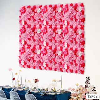Kunstblumen Wanddeko - 12er Blütenpanel Set - Dichte Hortensien- und Dahlienköpfe - Hochzeits Backdrop Dekoration - Rosa