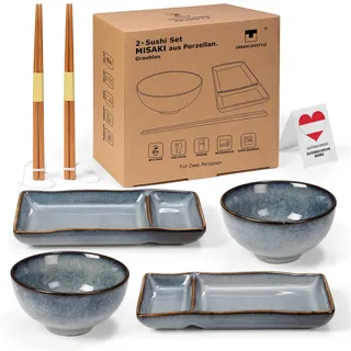 Sushi Geschirr set "Misaki" für 2 Person, Set Japanischer für Miso Suppe Maki Reis, aus 2 Teller Set, 2 Schalen aus Keramik, 2 Paar Stäbchen (Graublau)