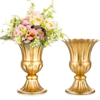 Sziqiqi Vase Gold Metal für Hochzeit: 23cm Hoch Kleine Urne Vasen für Tischdeko - Blumentopf Goldene Set of 2 - Vintage Blumenvase für Party Taufe Valentinstag