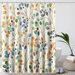 Duschvorhang 180x200 Beige Antischimmel aus Stoff Waschbar Badevorhang Bunt Pflanzen Motiv mit Ösen Shower Curtains Vintage Textil Schimmelresistent Badezimmer Badewanne Vorhang Boho Muster