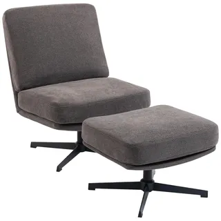 HOMCOM Sessel mit Hocker Drehbar Loungesessel mit Leinenoptik, Dicker Breiter Sitz, Moderner Relaxsessel, Schneidersitz Polstersessel für Wohnzimmer, Schlafzimmer, Dunkelgrau