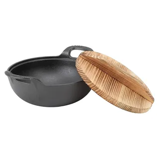 Gusseisen-Wok mit 2 Griffen, Holzdeckel, Bratpfanne, flacher Boden, unbeschichtet, zum Rühren, Braten, Grillen, Dampfgaren, authentisches asiatisches