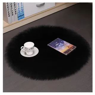 Hrlace Lammfell Schaffell Teppich Rund Kunstfell Teppich Waschbar Weich Fellteppich Flauschiger Longhair Stuhlauflage Nachahmung Wolle Bettvorleger Sofa Matte für Heimdekoration Schwarz 40 * 40cm