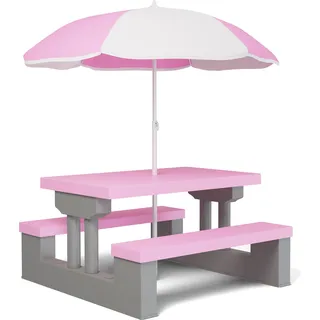 SPIELWERK® Kindersitzgruppe Sonnenschirm UV Schutz Stecksystem Waschbar ABS Kunststoff Wetterfest Rosa Outdoor Picknicktisch Kindertisch Gartenmöbel - Rosa