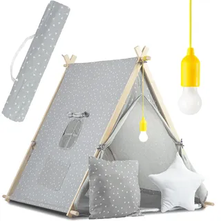 nukido Tipi Zelt für Kinder aus Baumwolle - Indoor & Outdoor Spielzeug - Fenster Zwei Kissen - Isoliermatte - LED Lampe - Wigwam Indianerzelt Pappelholz 116 x 107 x 110 cm Grau