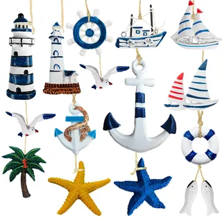 Ftrule 15 Pcs Maritime Anhänger Nautische Deko, Maritimes Dekorationsset, Maritime Anhänger, Dekoanhänger Set, Seestern Boot Fisch Kokospalme, für Fischernetz Deko Wanddekorationen