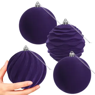Miaikoe 4 PCS Große Samt Weihnachtskugeln Ornamente zerstörungsdicht hängend Set für Weihnachtsbaum Feiertagsparty Dekorationen (lila, 10 cm)