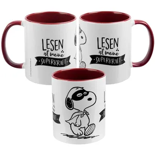 The Peanuts Tasse Snoopy - Lesen ist meine Superkraft Kaffeetasse Becher Kaffeebecher aus Keramik Rot Weiß 320 ml