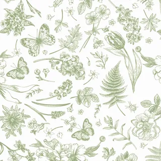 LiKiLiKi Selbstklebende Tapete Grün und Beige Blumentapete 44x300cm Vintage Blumen und Schmetterling Mustertapete Wasserfest und Abwaschbare Klebefolie für Badezimmer Möbel Küchenarbeitsplatte