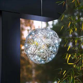 esotec Solar LED-Hängeleuchte Aluminium Drahtkugel Ø25cm, silber, 50 LEDs kaltweiß 10000K, Dauer- oder Blinklicht outdoor 102112