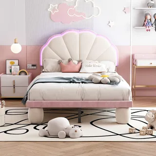Flieks Polsterbett 90x200 mit Led, Kinderbett Jugendbett mit Lattenrost, Einzelbett mit Polsterfußbeinen, Klassisches Bett, Samt, Beige Rosa - Beige, Rosa