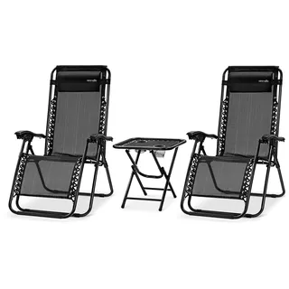 SereneLife Sonnenliege Wetterfest, Gartenliege Wetterfest zum Liegen, Loungesessel Verstellbar für Balkon, Garten, Terrasse & Camping mit Tisch, Kopfkissen & Getränkehalter, Deckchair, Gartenstuhl