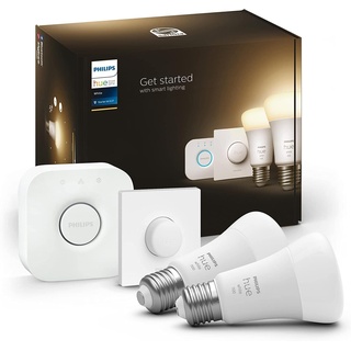 Philips Hue White Starter Set mit E27 Lampen 2-er Pack (1.055 lm), Smart Button+ Hue Bridge, LED Leuchten mit warmweißem Licht über Hue Lichtsystem per Sprache und App steuerbar