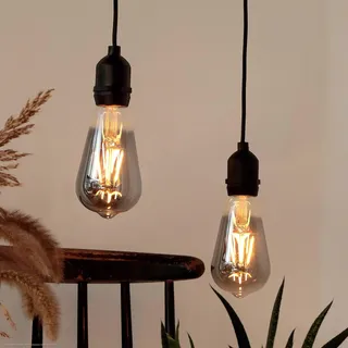 hellum 2x Hängelampe mit Batterie, Fernbedienung Timer outdoor Ø6,4x13,8cm | Dimmbare Glühbirne outdoor rauchgrau mit Batterie (8xAA), Edison Vintage, ST64, Retro Birne für Pavillon, Garten 151435