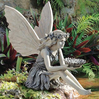 MINGZE Elfen Figur Garten, Vogelhäuschen Ornament Sitzende Zauberfee Gartenfiguren Skulpturen Harz Elfen Statuen Hof Dekoration Fee Fairy Ornamente Landschaftsbau