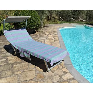 Vico Casa® Strandtuch für Sonnenliege VERSILIA 75x195cm aus Baumwolle, Streifendesign/Strandtuch mit Kissen, Taschen und Tragetasche/Grün und Lila