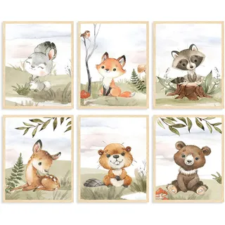 Dazzlewall 6er Set Tier Kinder Wandbilder, Süße Fuchs Bär Waschbär Motive Bilder für Kinderzimmer Spielzimmer Deko, Nersury Wall Decor 8×10 in Ungerahmt