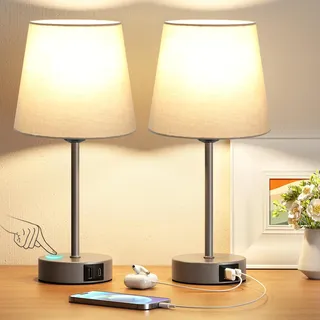PreeOtti Nachttischlampe Touch Dimmbar 2er Set, Tischlampe mit Ladefunktion USB A+C-Anschlüssen 2 LED Birnen, Graue Lampenschirm, Kleine Lampe für Schlafzimmer Wohnzimmer Babyzimmer Büro